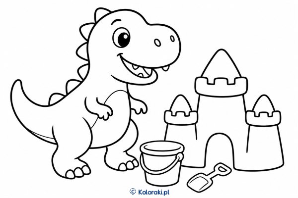 Tyranozaur przy zamku z piasku