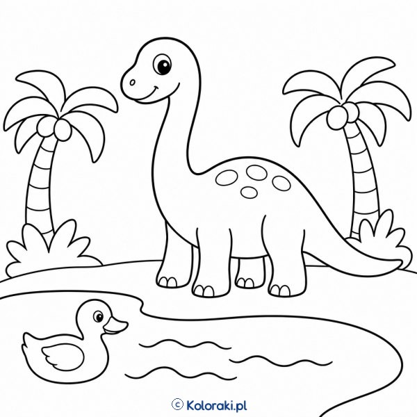 Brontozaur przy palmowym jeziorze