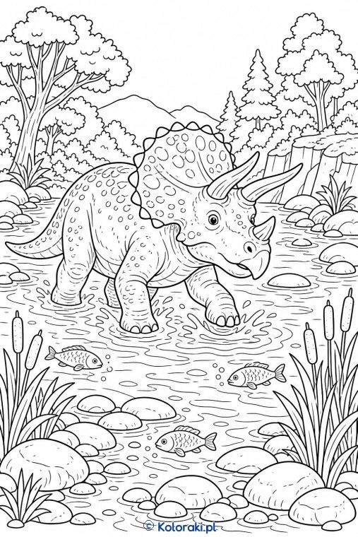 Triceratops przechodzi przez rzekę