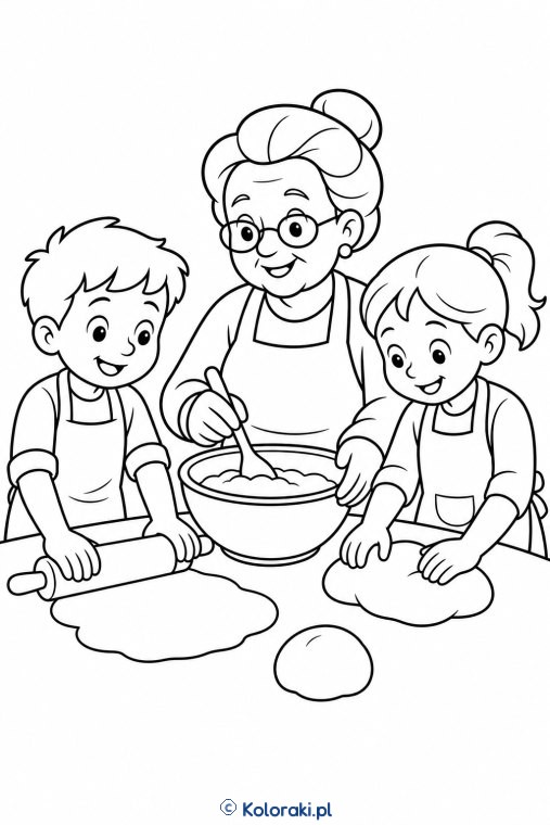 Babcia piecze z wnukami