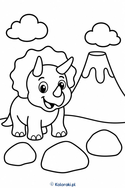 Wesoły triceratops przy wulkanie