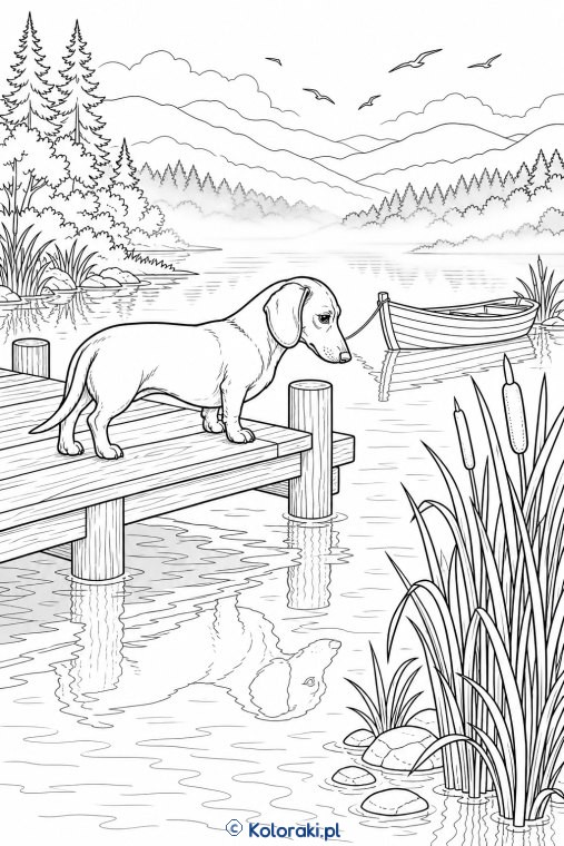 Labrador przy jeziorze o świcie – jamnik