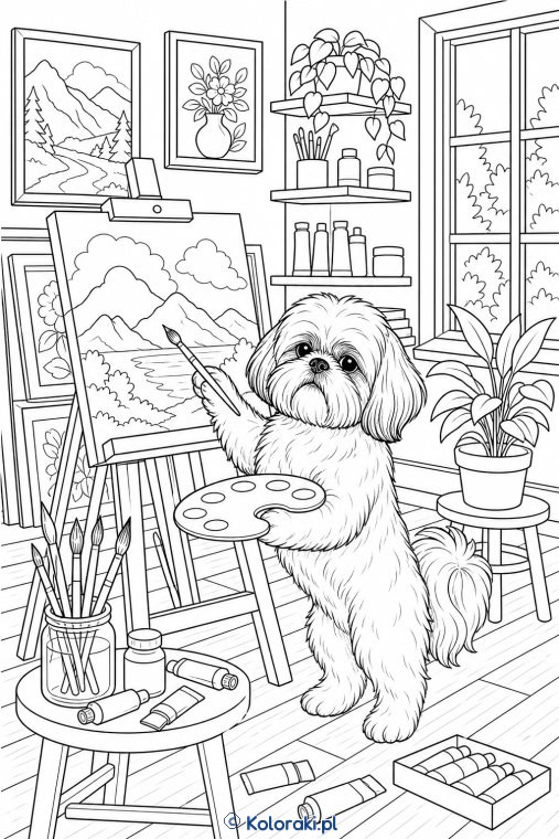 Pudel w artystycznej pracowni – shih tzu