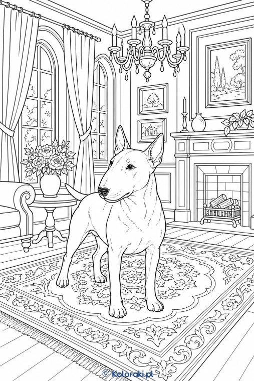 Cavalier w pałacowej sali – bullterrier