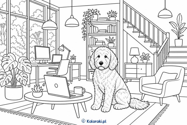 Goldendoodle w nowoczesnej bibliotece – goldendoodle