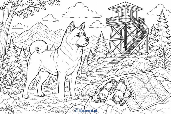 Akita amerykańska na posterunku leśnym – akita amerykańska