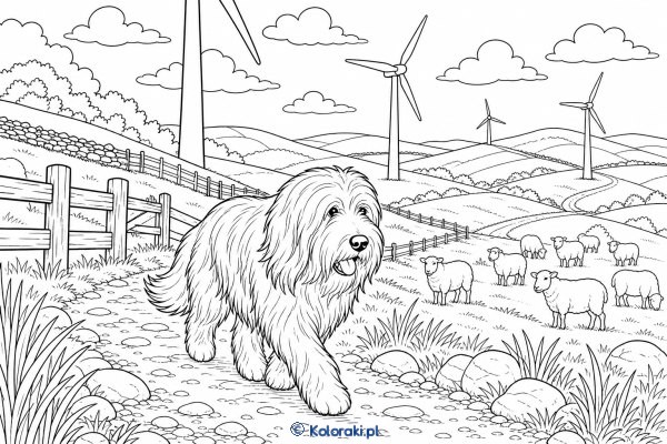 Bearded collie na farmie wiatrowej – bearded collie
