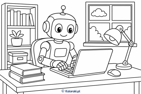 Robot pracuje przy laptopie