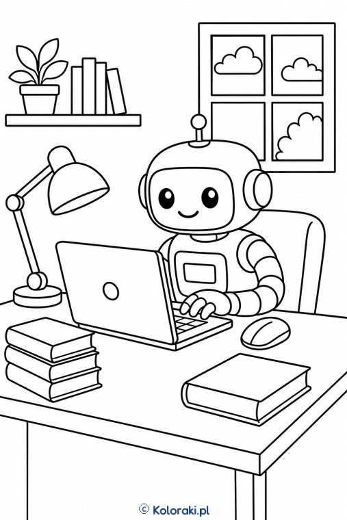 Robot pracuje przy laptopie
